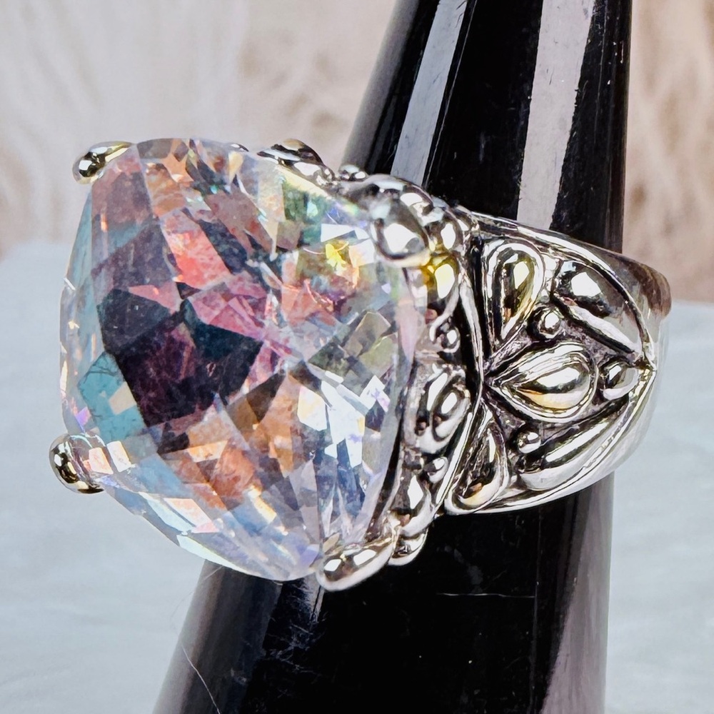 Gorgeous Silvertone Ring Large Reflective Bling S… - image 1